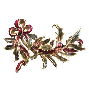 MFA Museum Fine Arts Holly Berry & Ribbon Brooch Pin Christmas Red Green Enamel